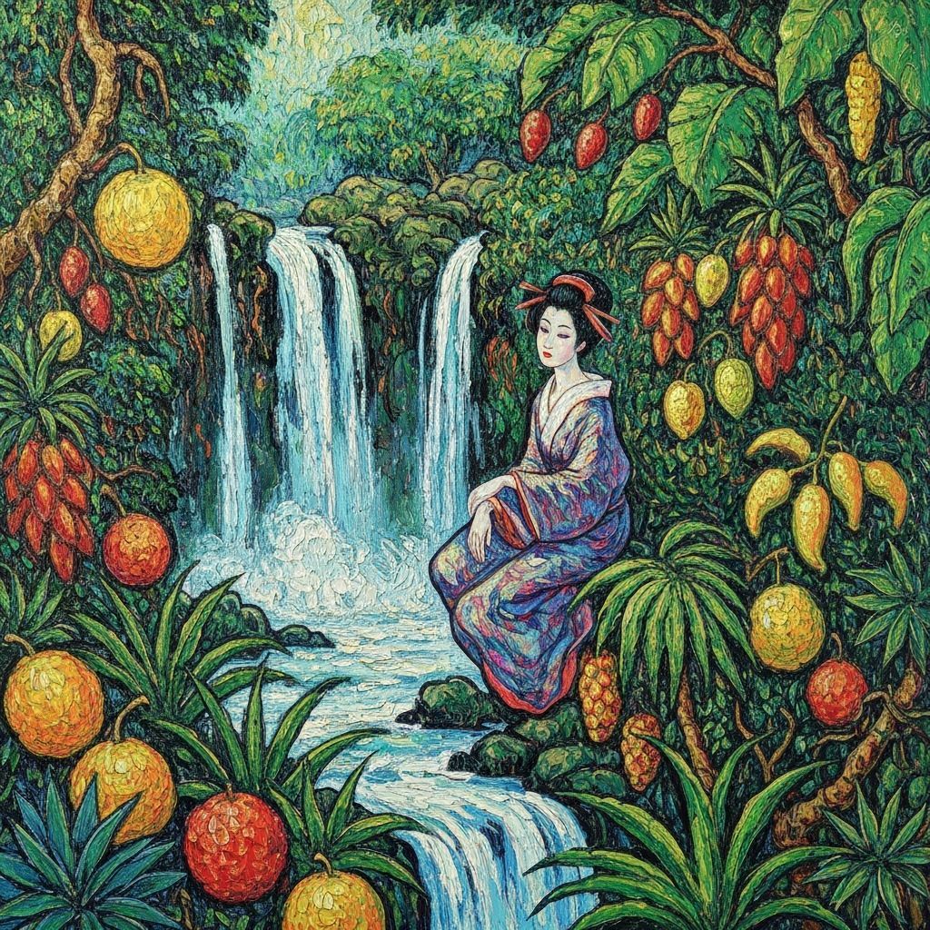 Geisha in Lush Jungle With Exotic Fruits