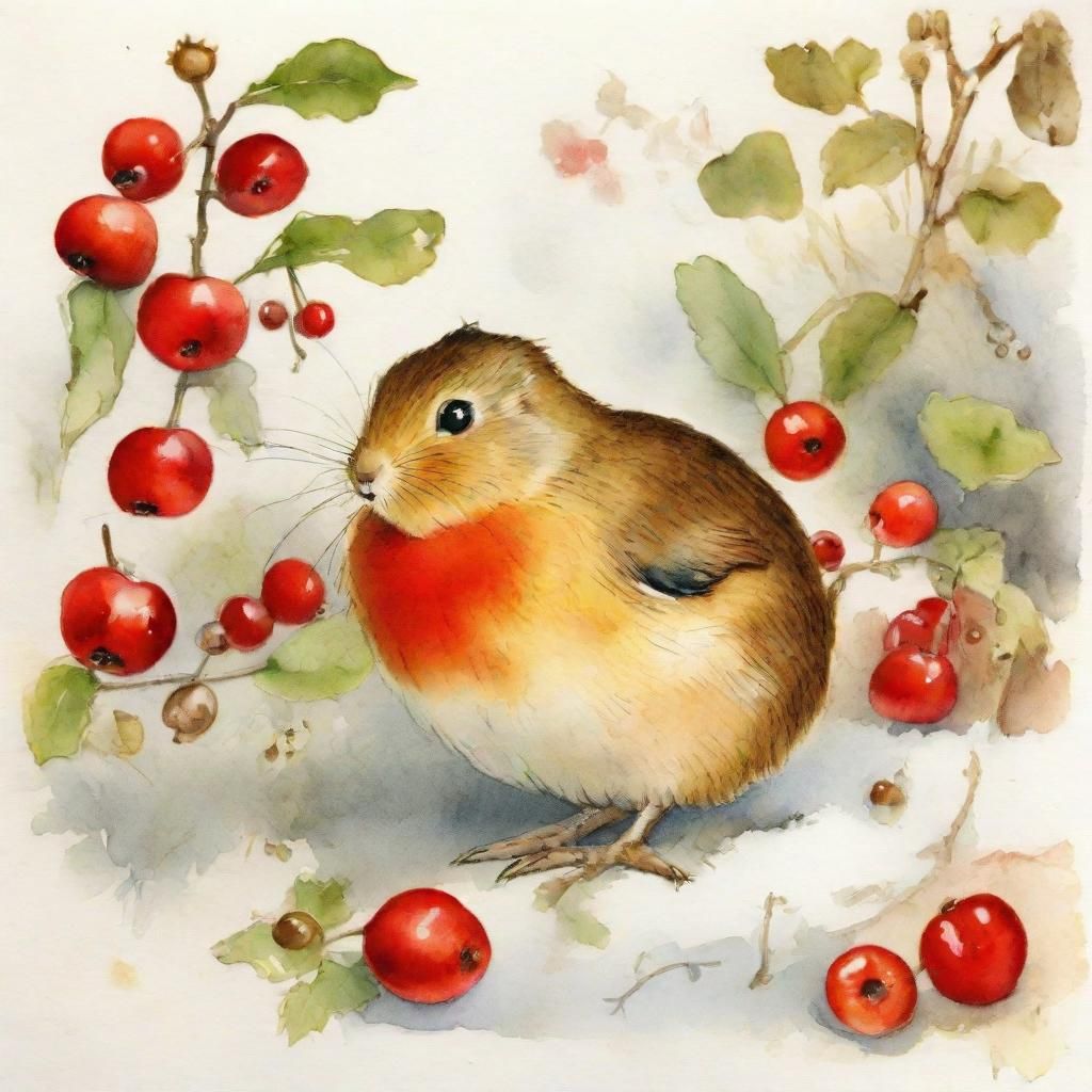 Robin Sheltering on Holly Branch, Beatrix Potter Style