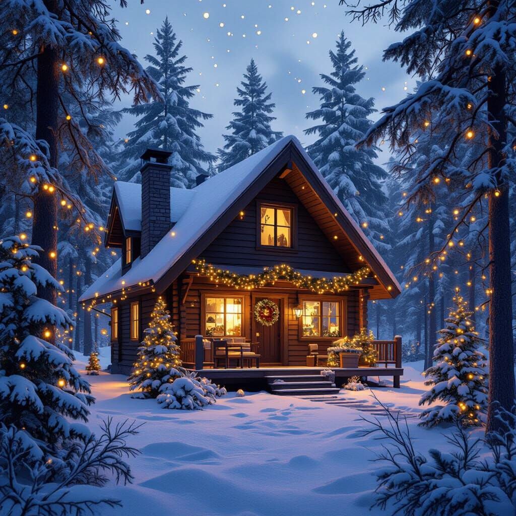 Festive Cabin in Snowy Woods as Matte Painting