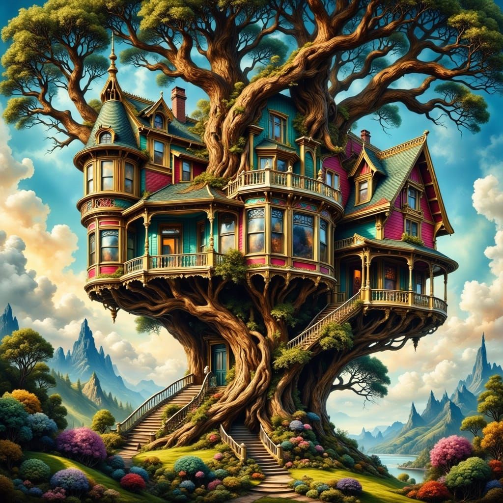 Whimsical Victorian Treehouse in Ethereal Colors