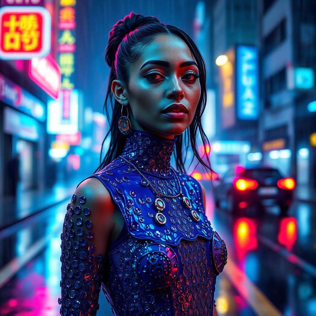 Punk Fashion Woman in Neon Cyberpunk Cityscape