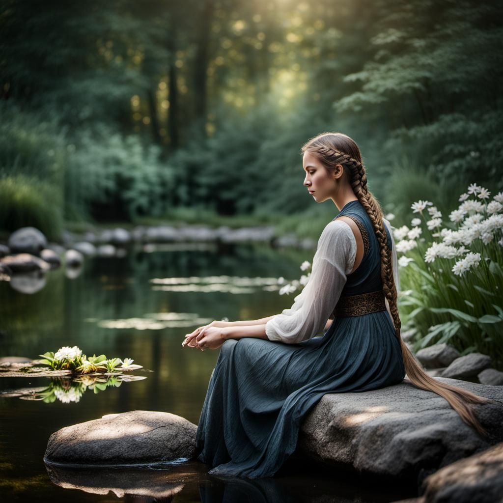 Girl with Braid Contemplates Forest Pond