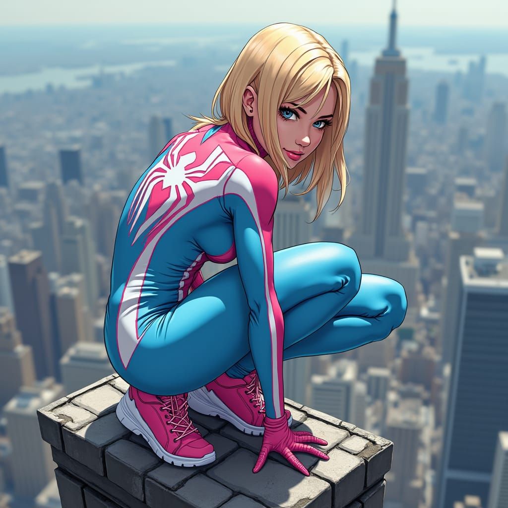 Spider-Woman on Chrysler Building in Manga Style