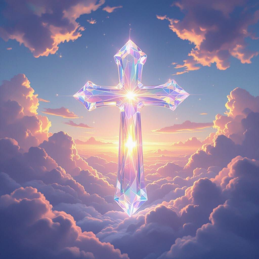 Crystal Cross in Ethereal Dawn Sky
