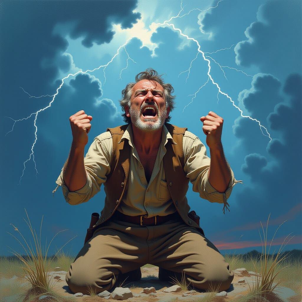 Furious Man Screaming at Stormy Sky