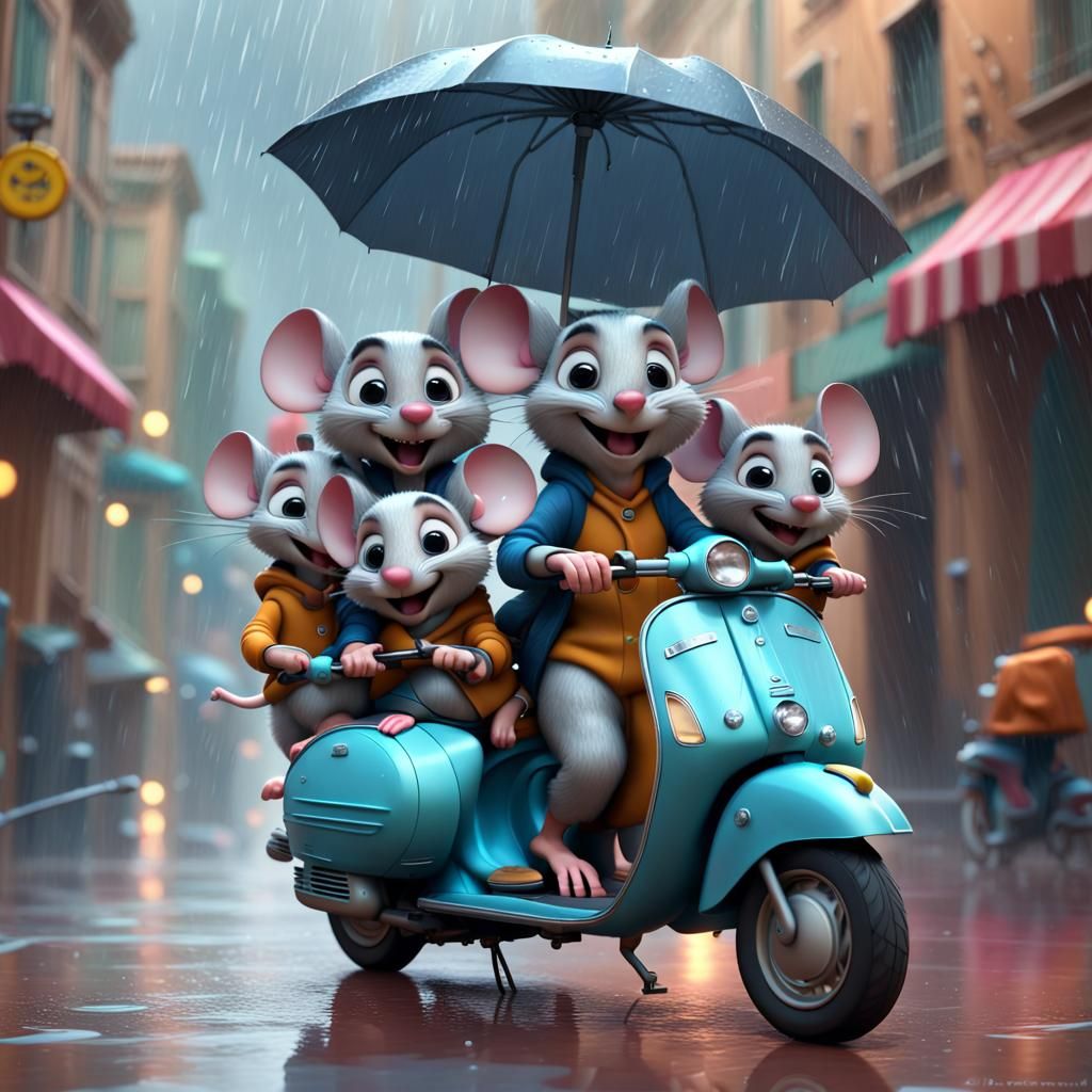 Mouse Family Vespa Ride: Pixar-Style 3D Digital Art