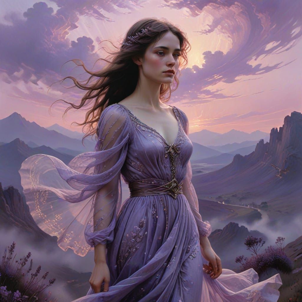 Ethereal Woman in Lavender Gown Under Twilight Sky