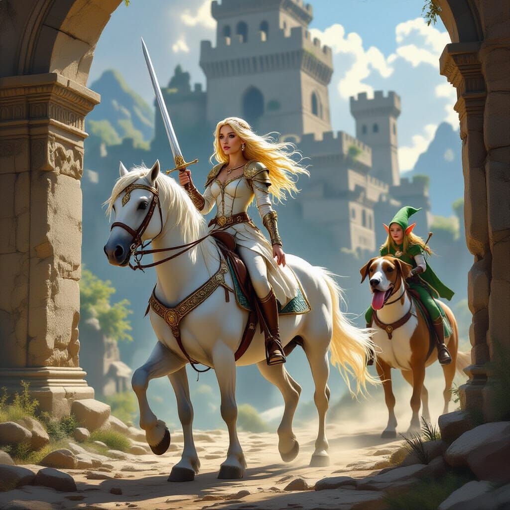 Princess Escapes Ruined City on White Horse