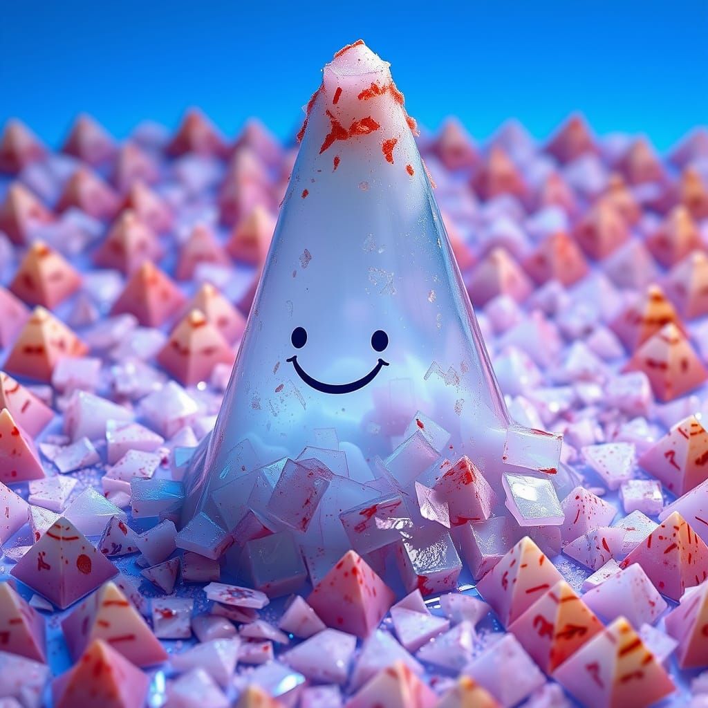 Shiny Blue & Violet Glass Cone Melting into Plastic Sea