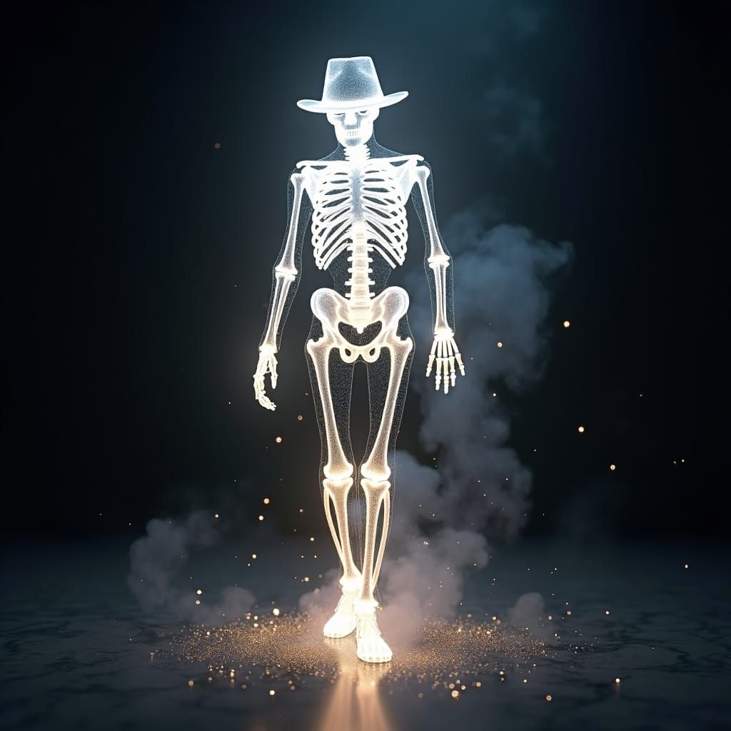In a pure dark background, a radiant, glowing Michael Jackson skeleton  smoke. ,The boddy of Michael Jackson dance the M...