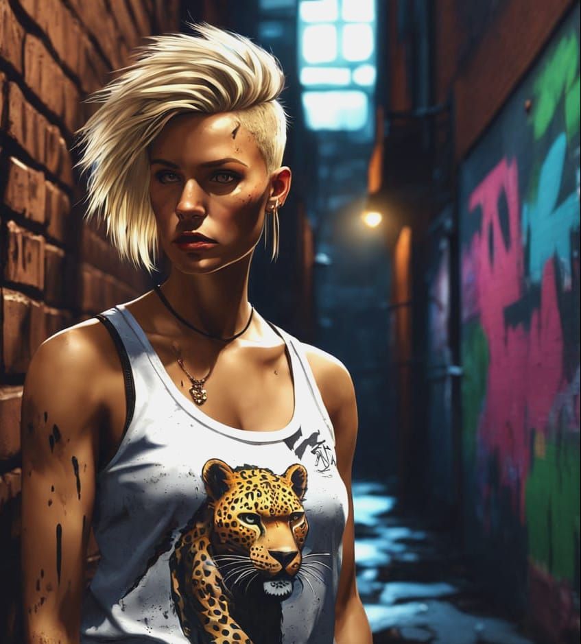 Hyperrealistic Portrait of a Blonde Woman in a Dark Alleyway