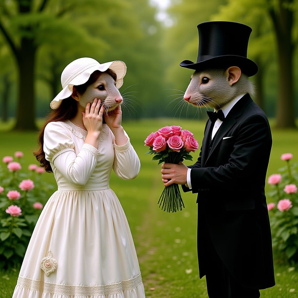 Victorian Mouse and Rat in Lush Garden Setting