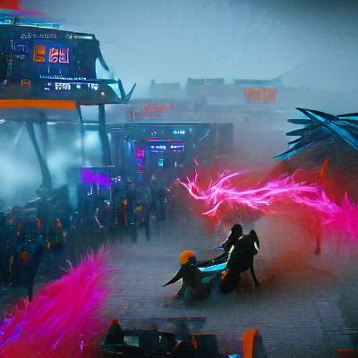 Cyberpunk Elemental Battle in Neon City