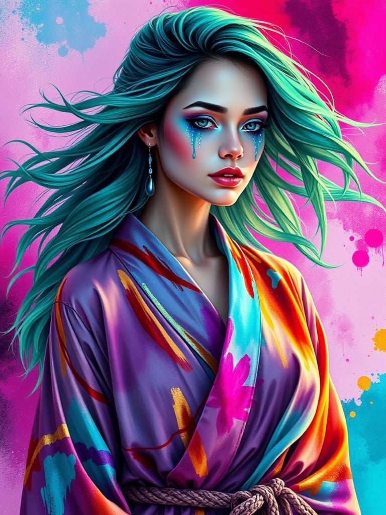 Emotional Woman with Neon Hair in Photorealistic Style