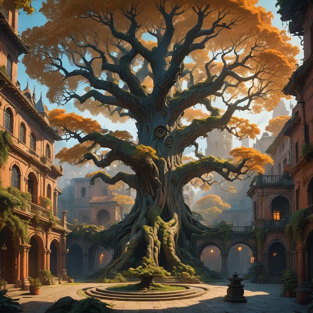 Mystical Tree in Grand Courtyard: Fantasy Matte Painting
