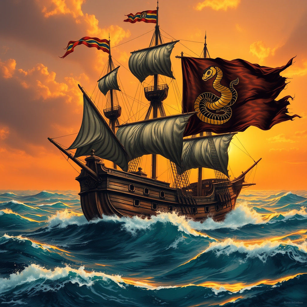 Swashbuckling Pirate Ship Sails into Turquoise Sunset