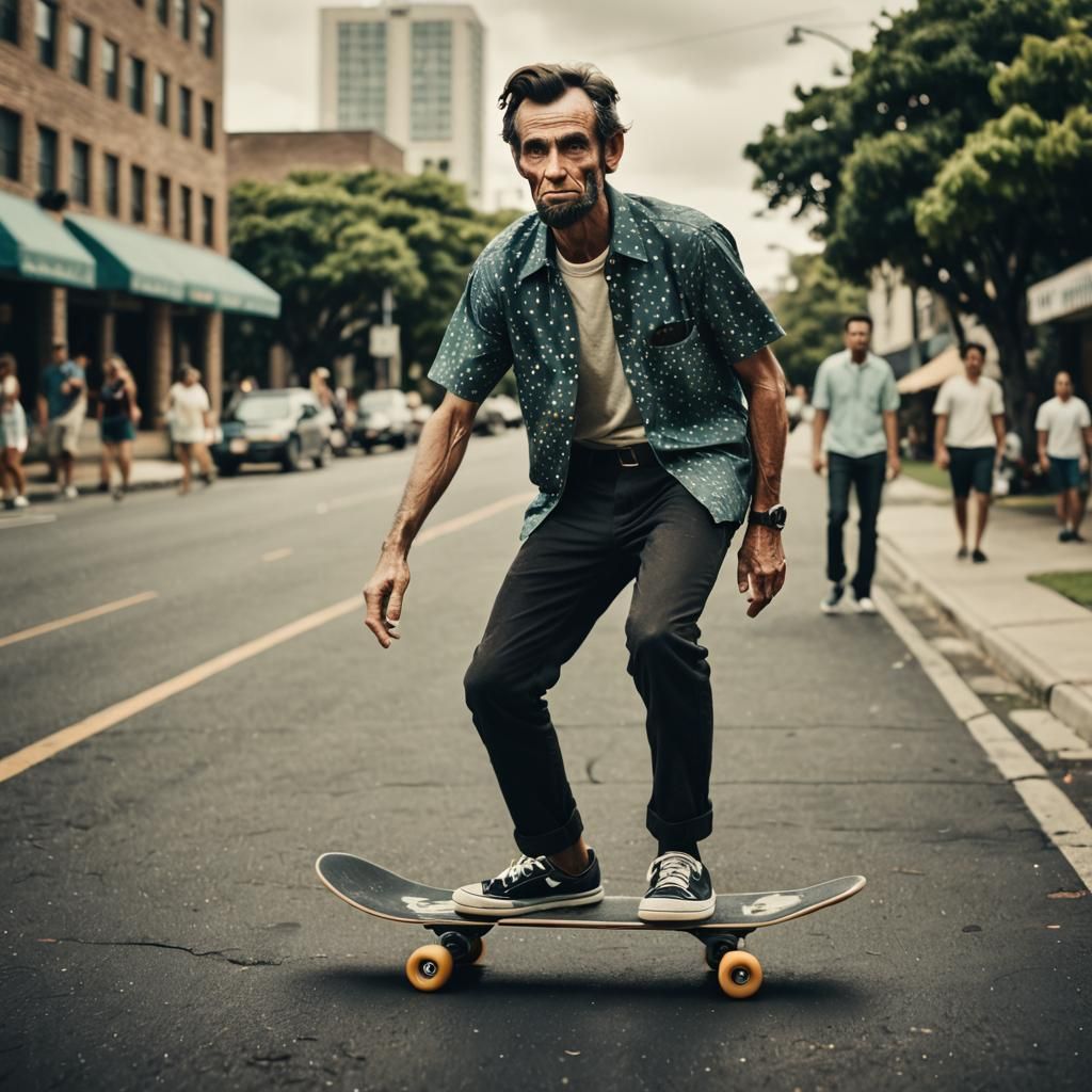 historical photography of Abraham Lincoln skateboarding in summer