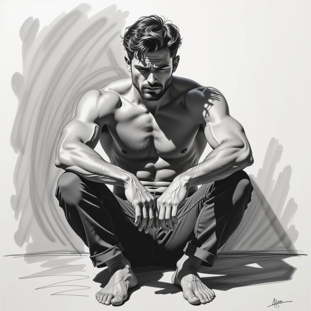 Pencil Sketch of Resigned Man in Deep Shadows