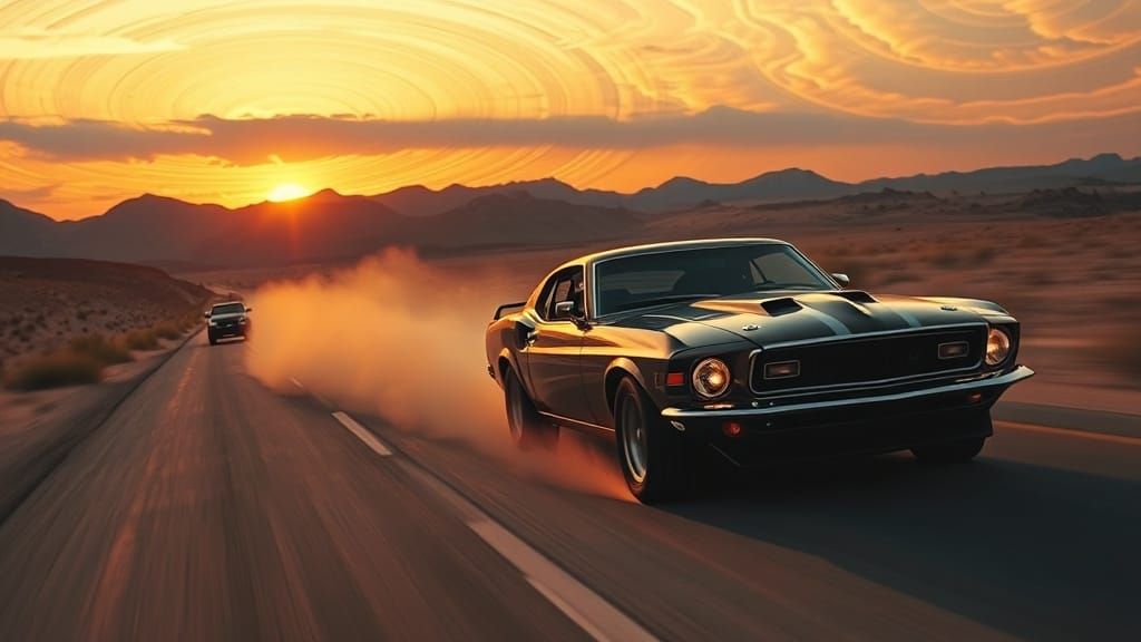 1969 Shelby Mustang Speeds Down Desert Highway at Sunset