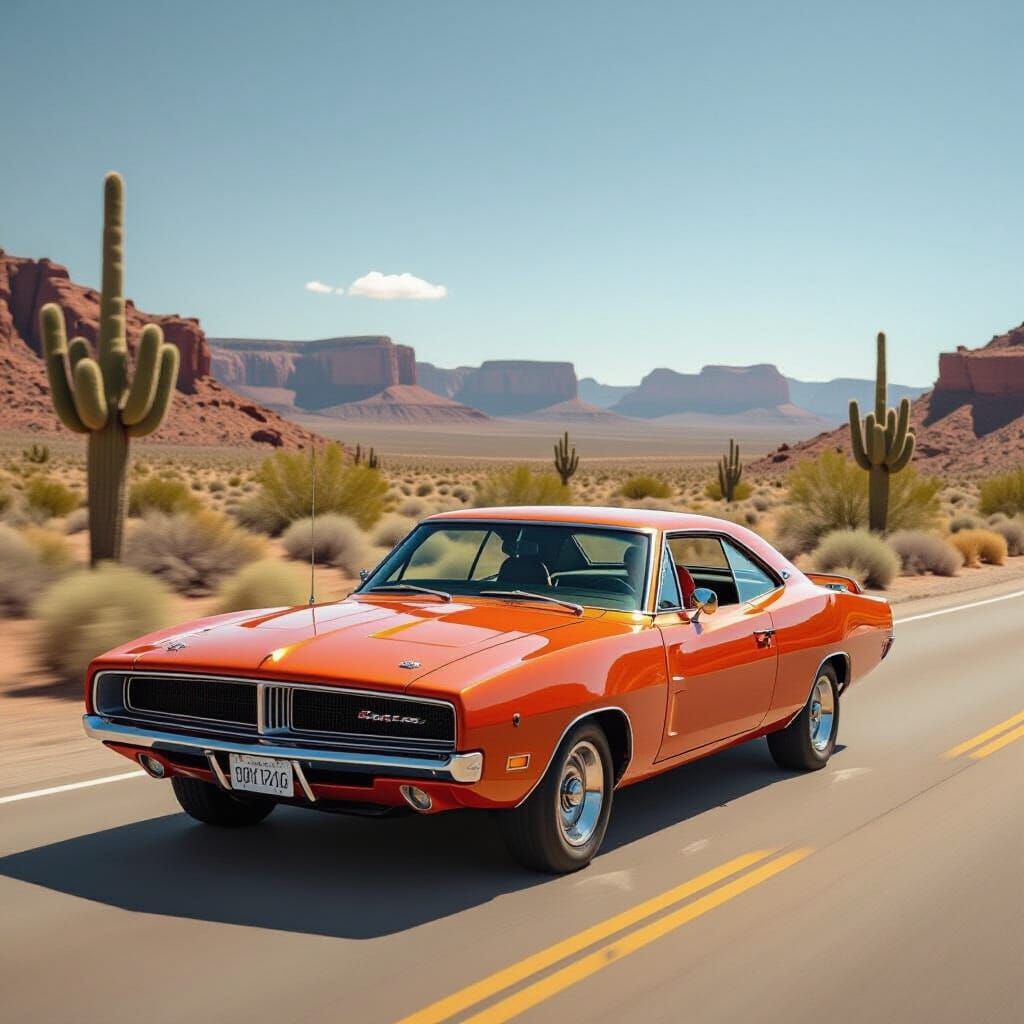 1969 Dodge Charger on Route 66 at Golden Hour