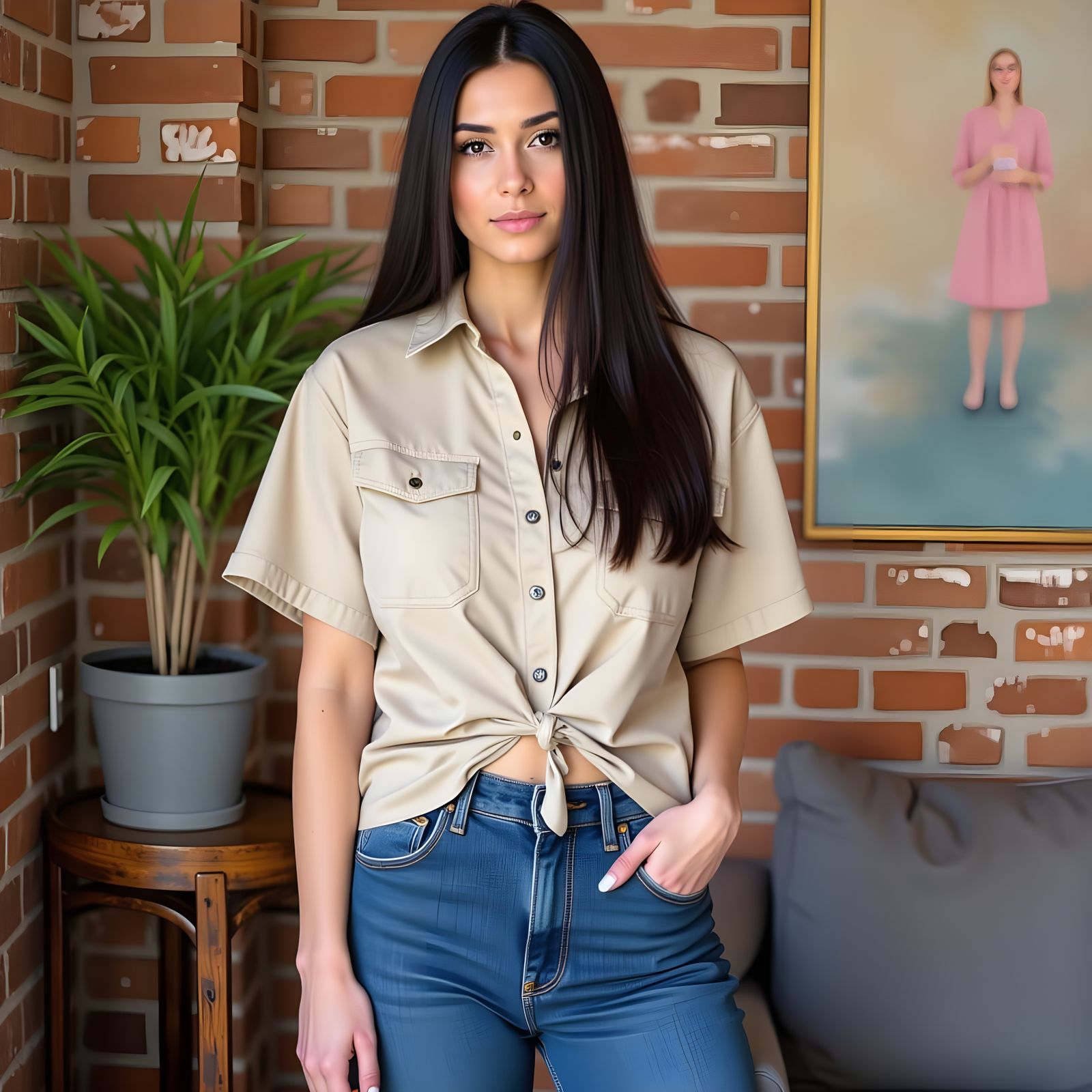 Confident Young Woman in Brick Wall Setting