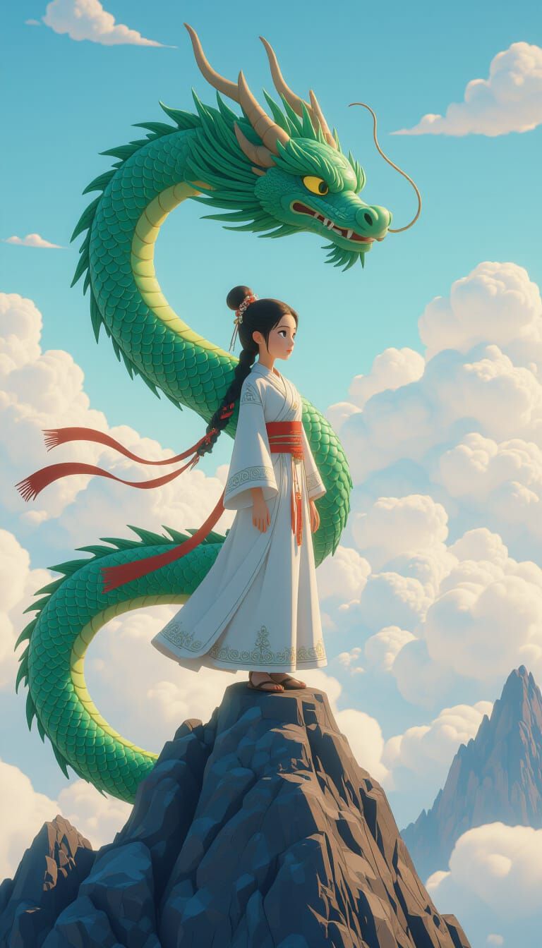 Girl with Jade Dragon in Pixar Fantasy Landscape