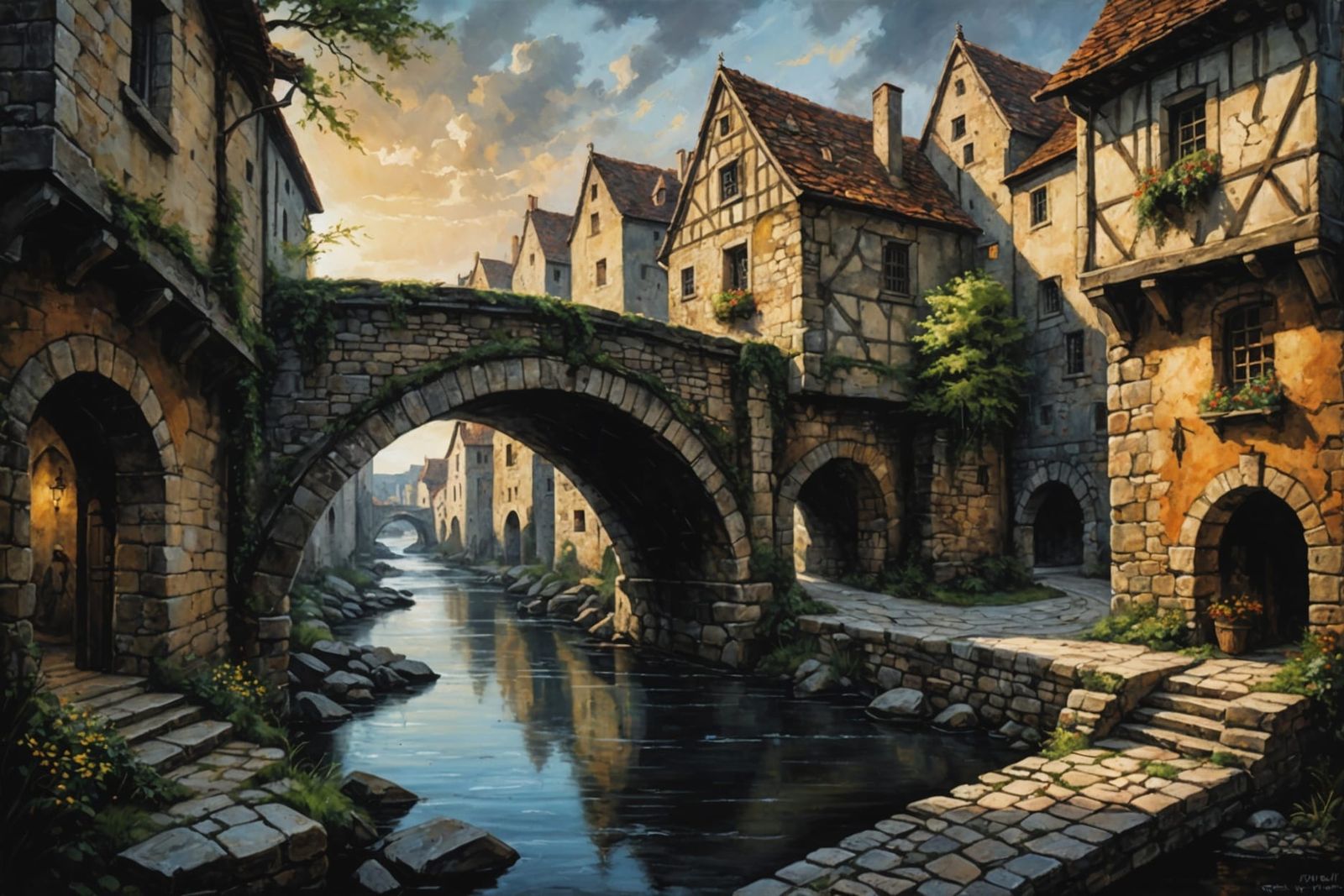 Medieval Town Street with River, Acrylic Painting