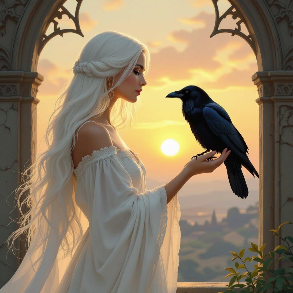 Woman in White Dress Gazes at Raven, Backlit by Arched Windo...