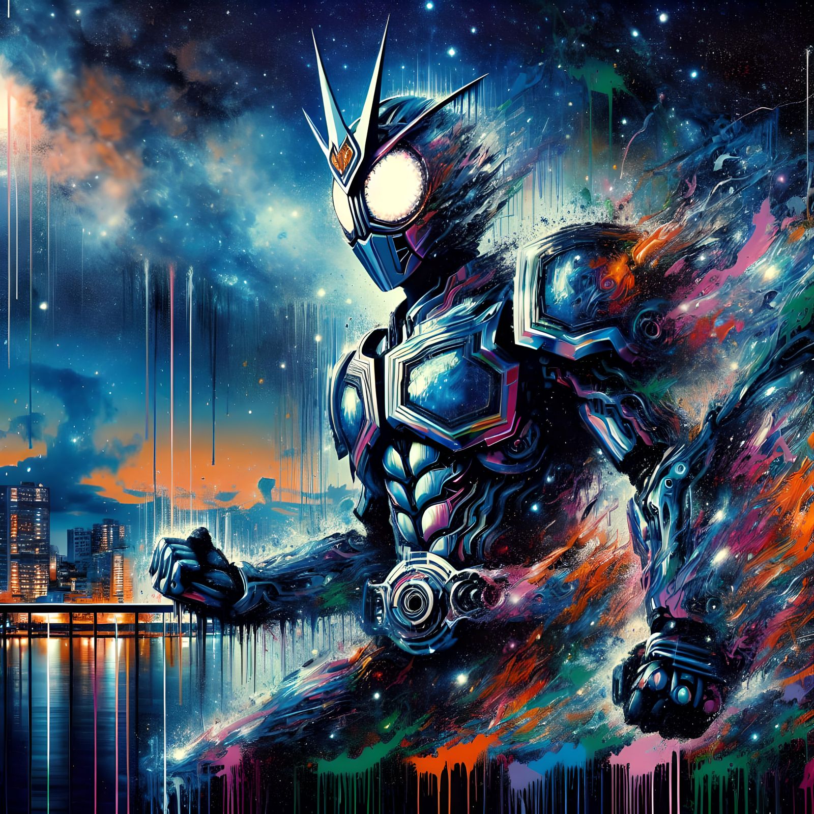 Futuristic Knight in Starry Street Art Style