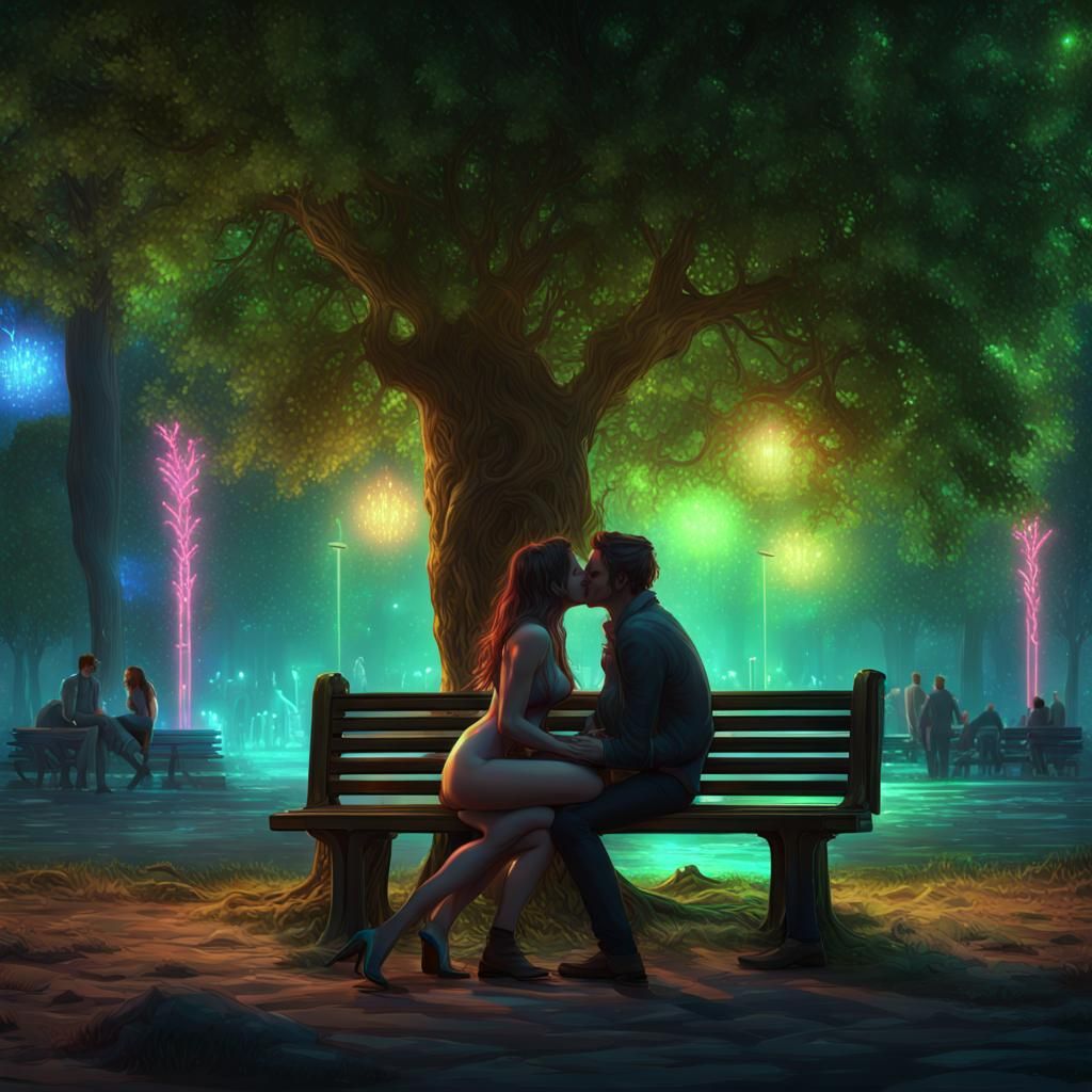 Lovers Kiss in Neon Park: Dark Fantasy Art