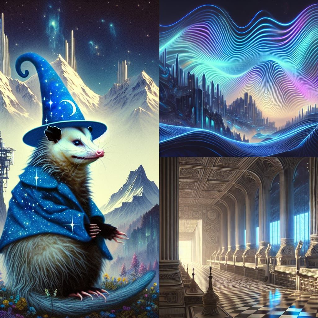 Surreal Dark Fantasy Opossum Wizard in Vaporwave Dreamscape