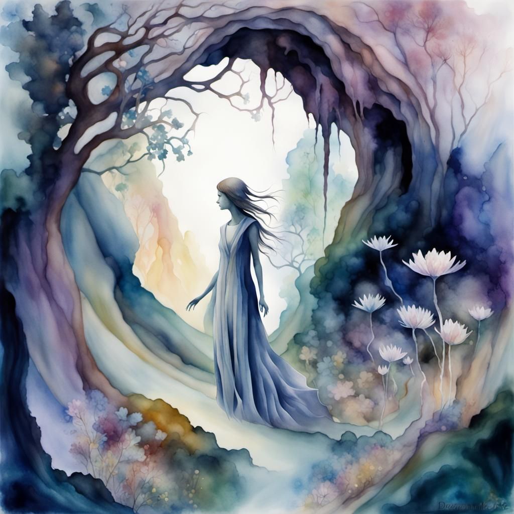 Surreal Watercolor Landscape with Mysterious Woman