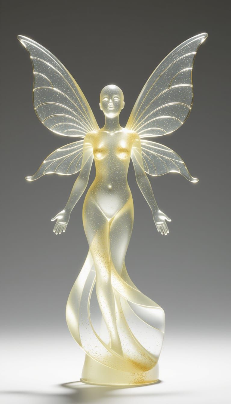Translucent Resin Figurine with Golden Dust and Ribbon Wings