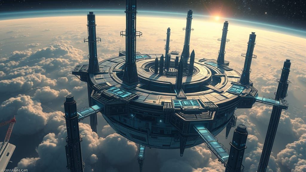 Futuristic Artificial Continent Above Gas Giant