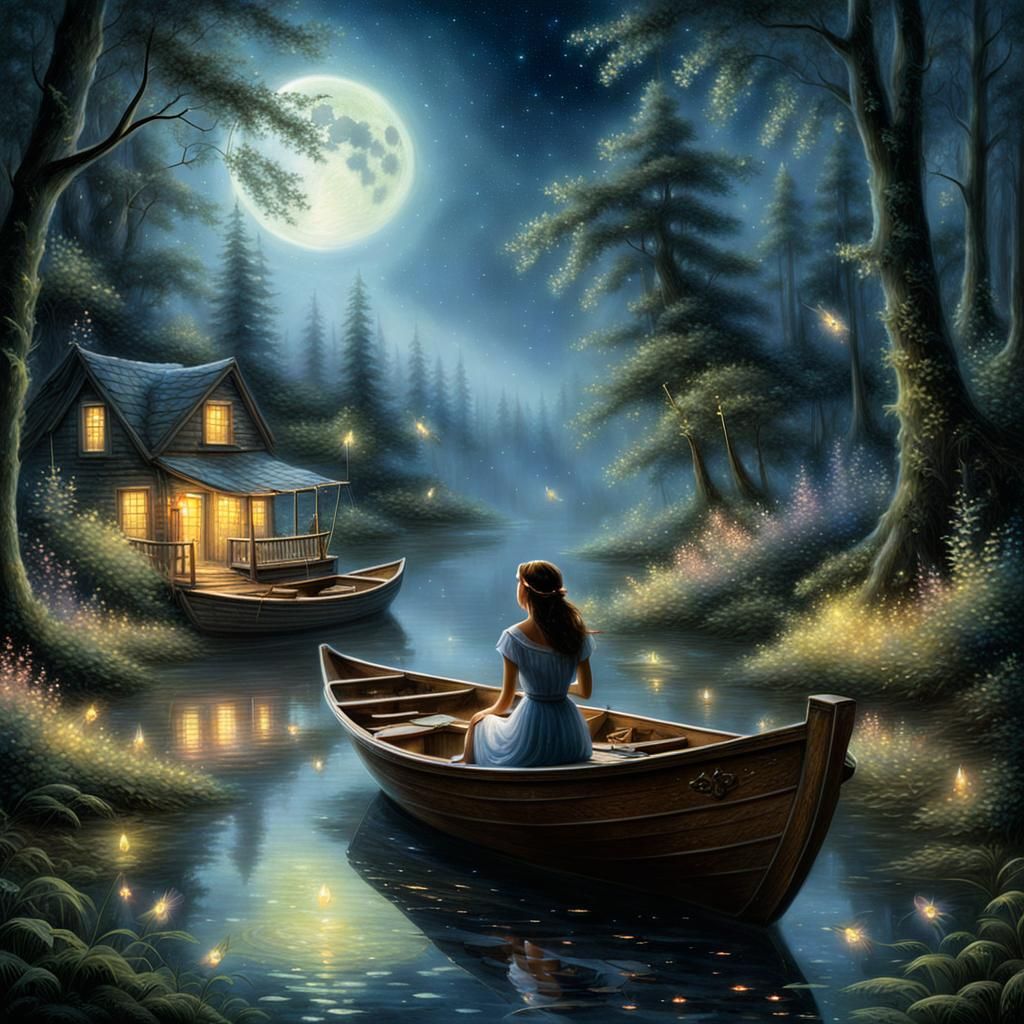 Ethereal Night: Girl, Boat, and Fireflies