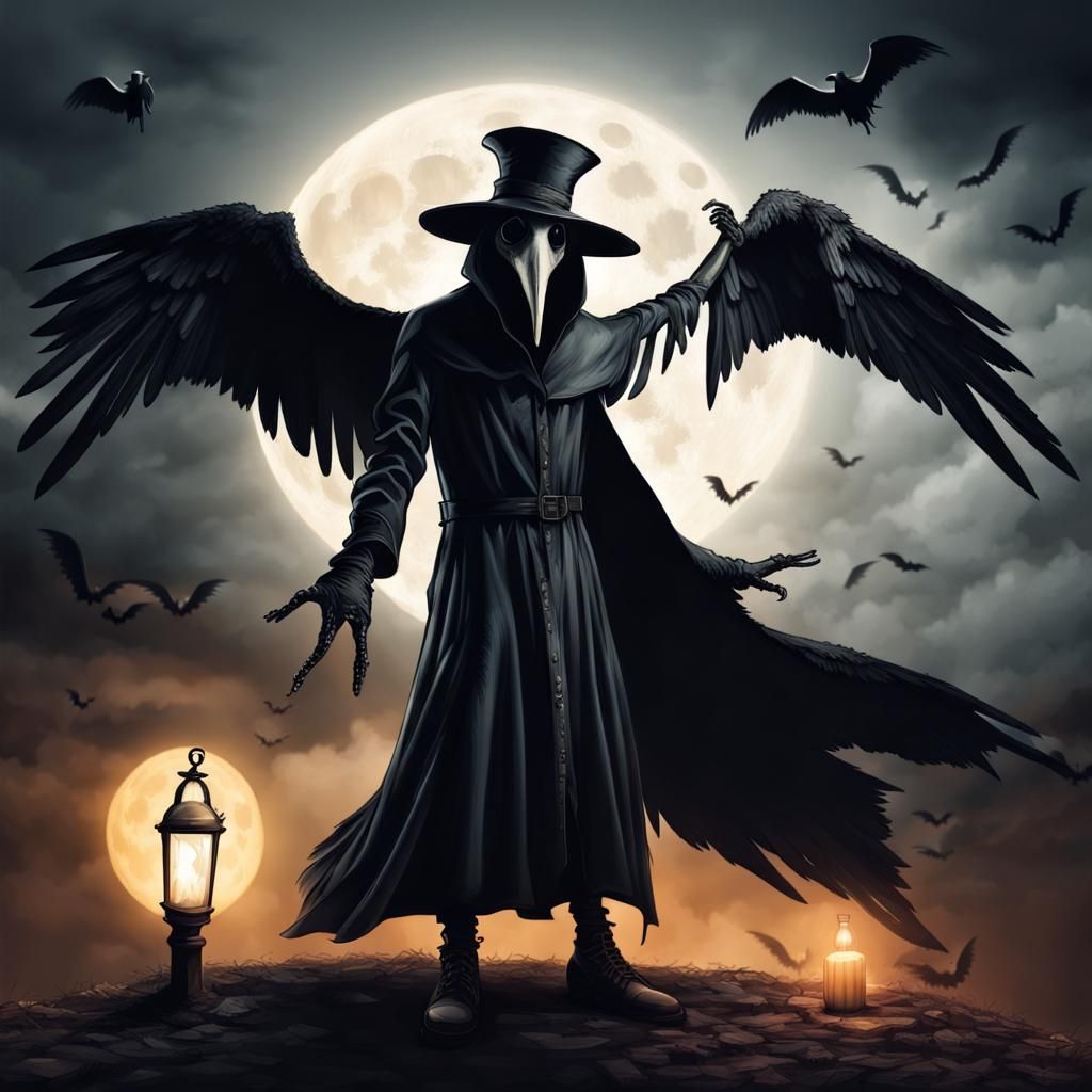 Eerie Plague Doctor with Wings Under Full Moon