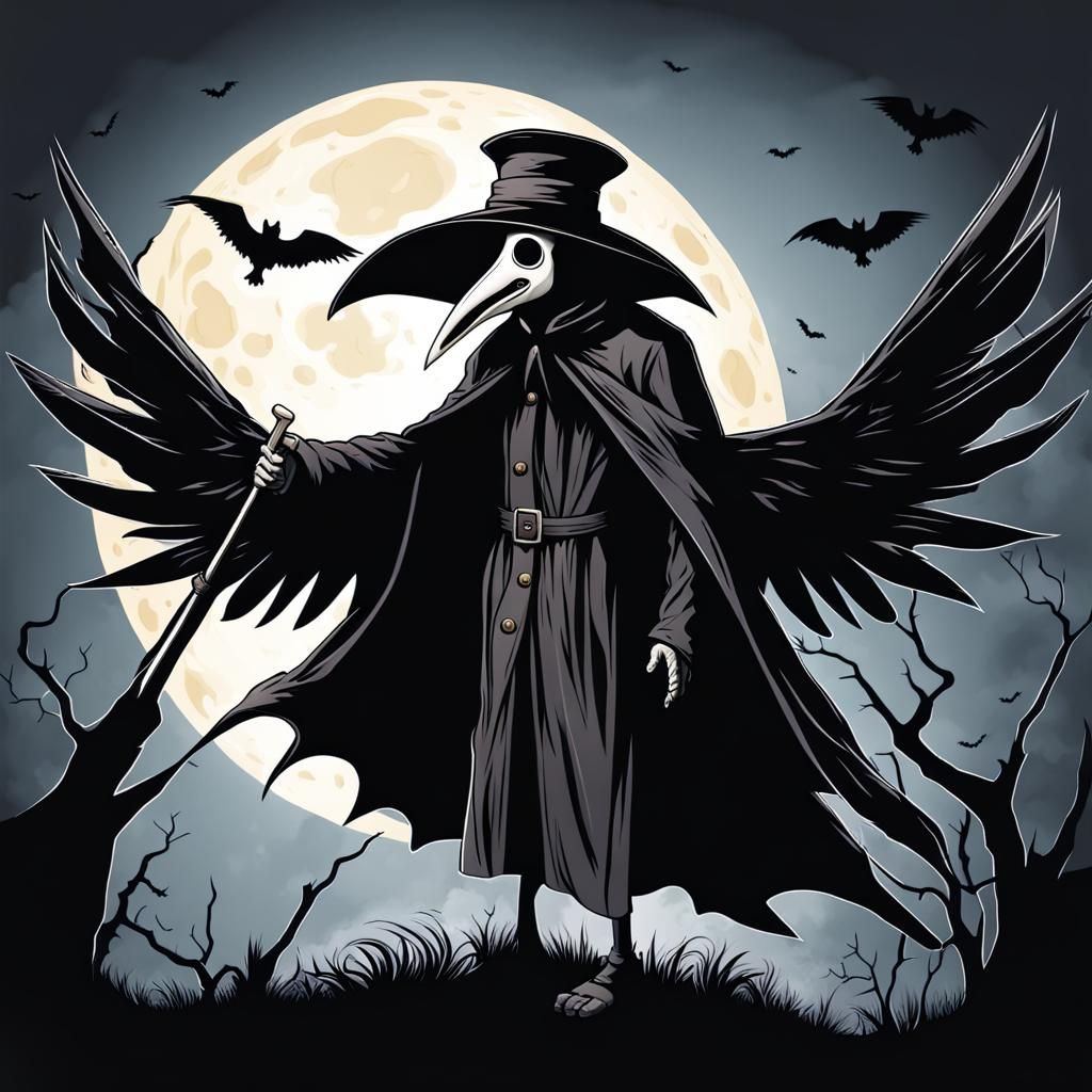 Plague Doctor with Wings in Halloween Scene
