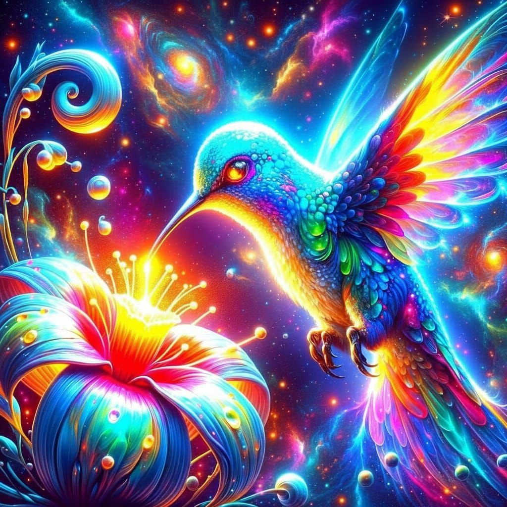 Bioluminescent Hummingbird Sips Nectar from Cosmic Flower