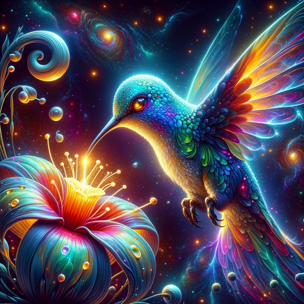 Bioluminescent Hummingbird Pollinating Cosmic Flower in Stre...