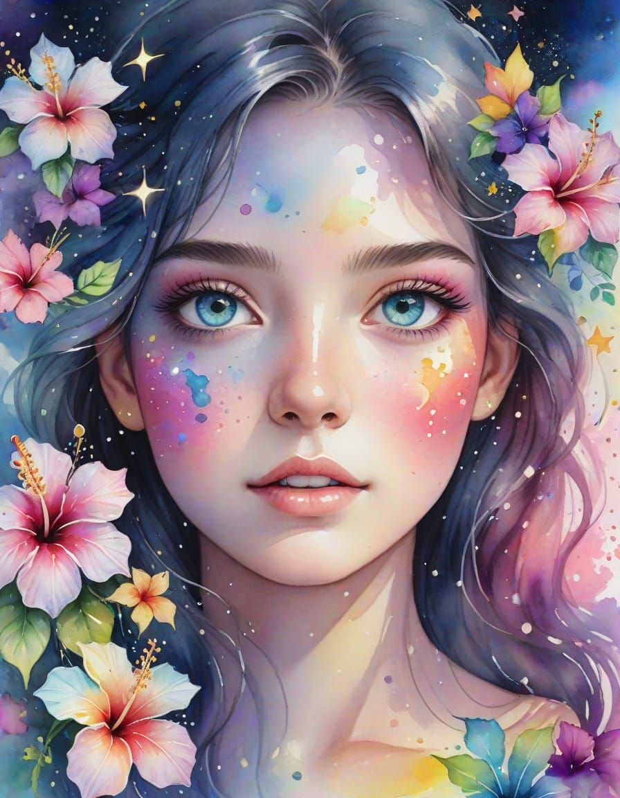 Opal Eyes with Rainbow Stars, Watercolor Art