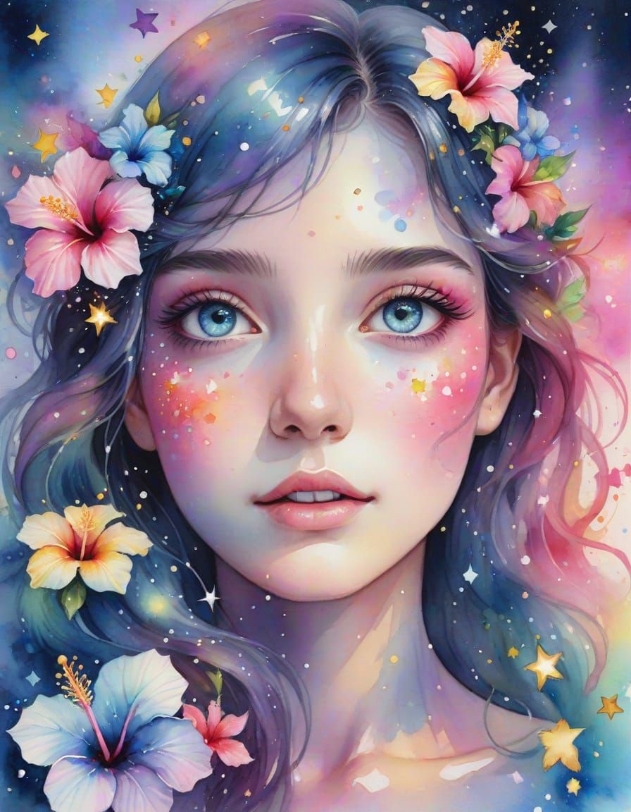 Opal Eyes with Rainbow Stars in Watercolor Splash Art