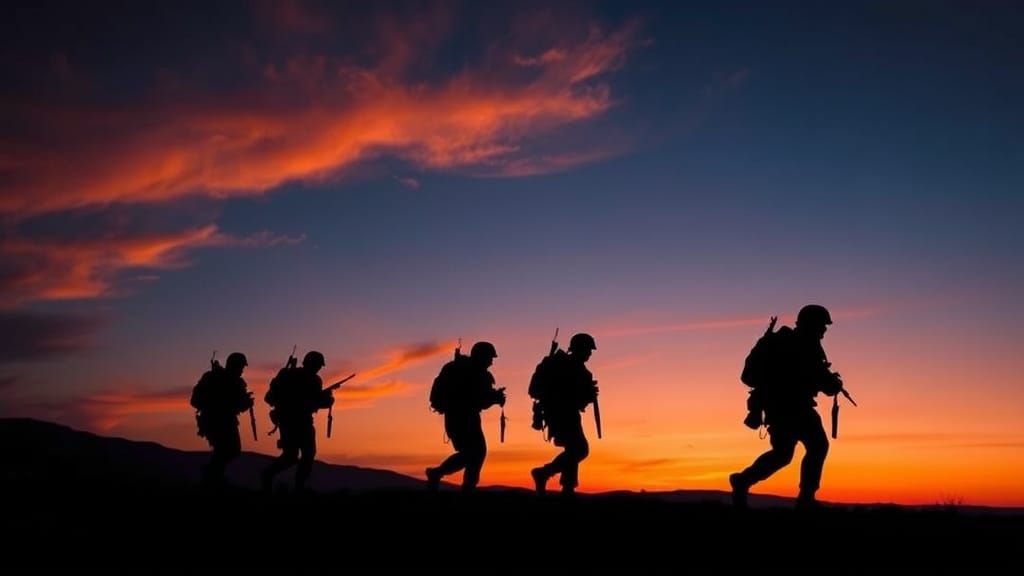 Silhouetted Soldiers Trek Across Twilight Landscape