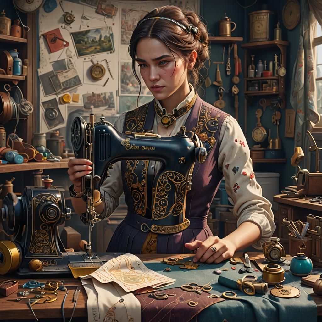 Seamstress with Sewing Machine: Detailed Matte Painting