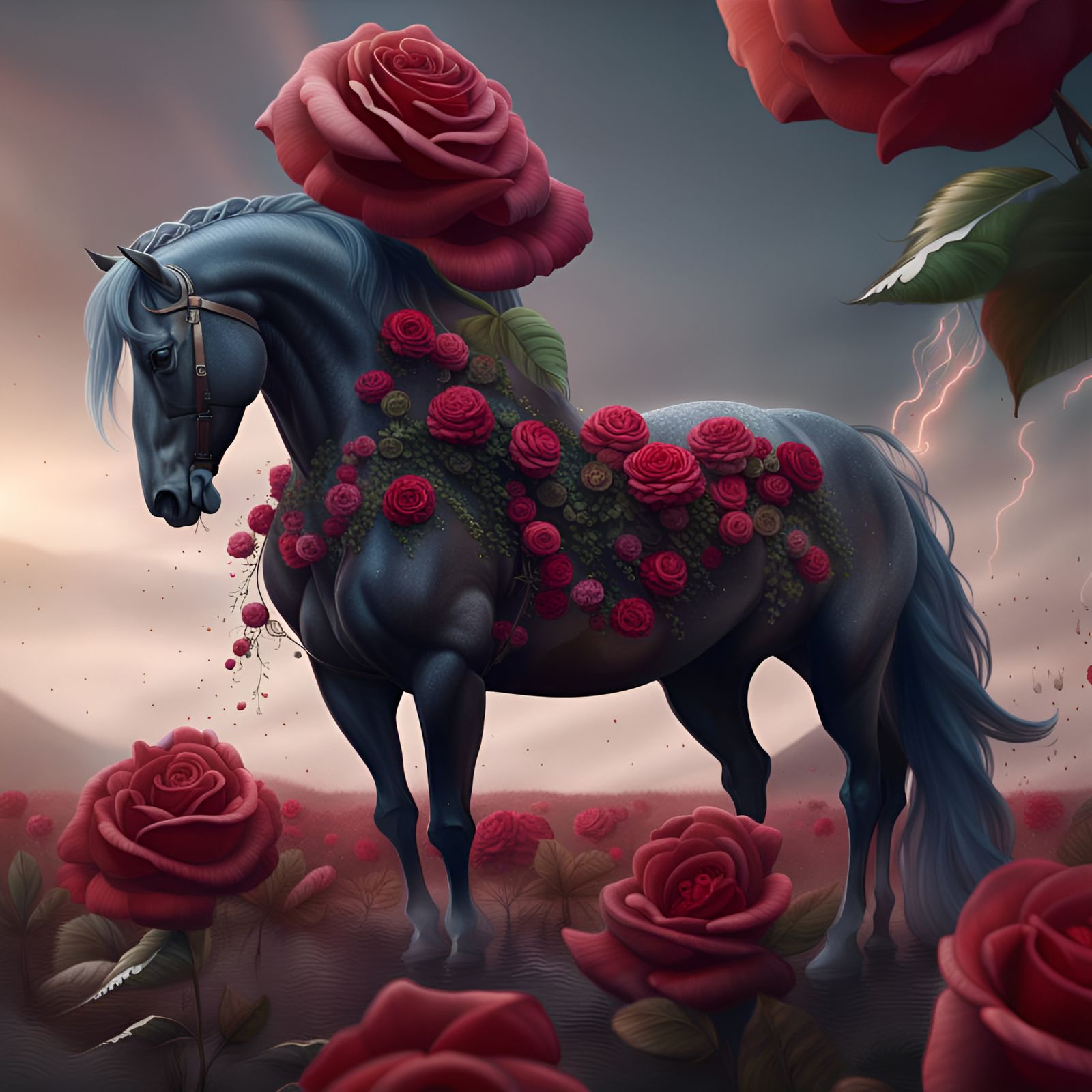 Hyperrealistic Horse with Rose: Detailed Matte Painting