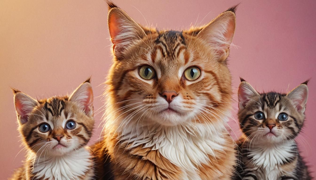 Hyperrealistic Portrait of a Beautiful Cat with Kittens