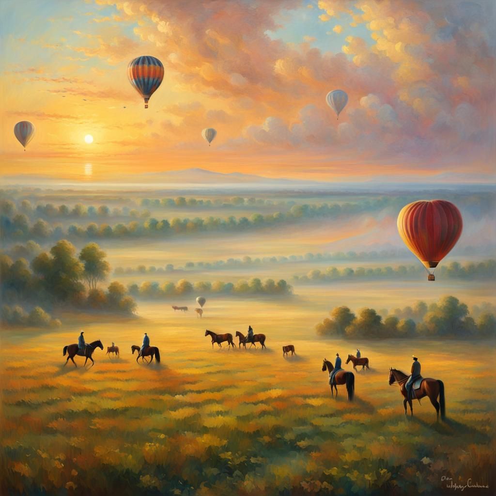 Hot air balloon, horses