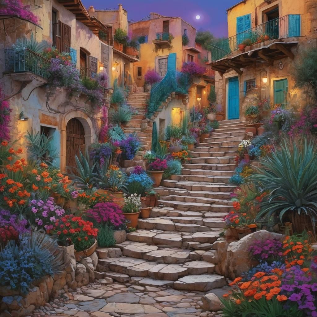 Crete Street Scene at Twilight, Polychromatic Painting