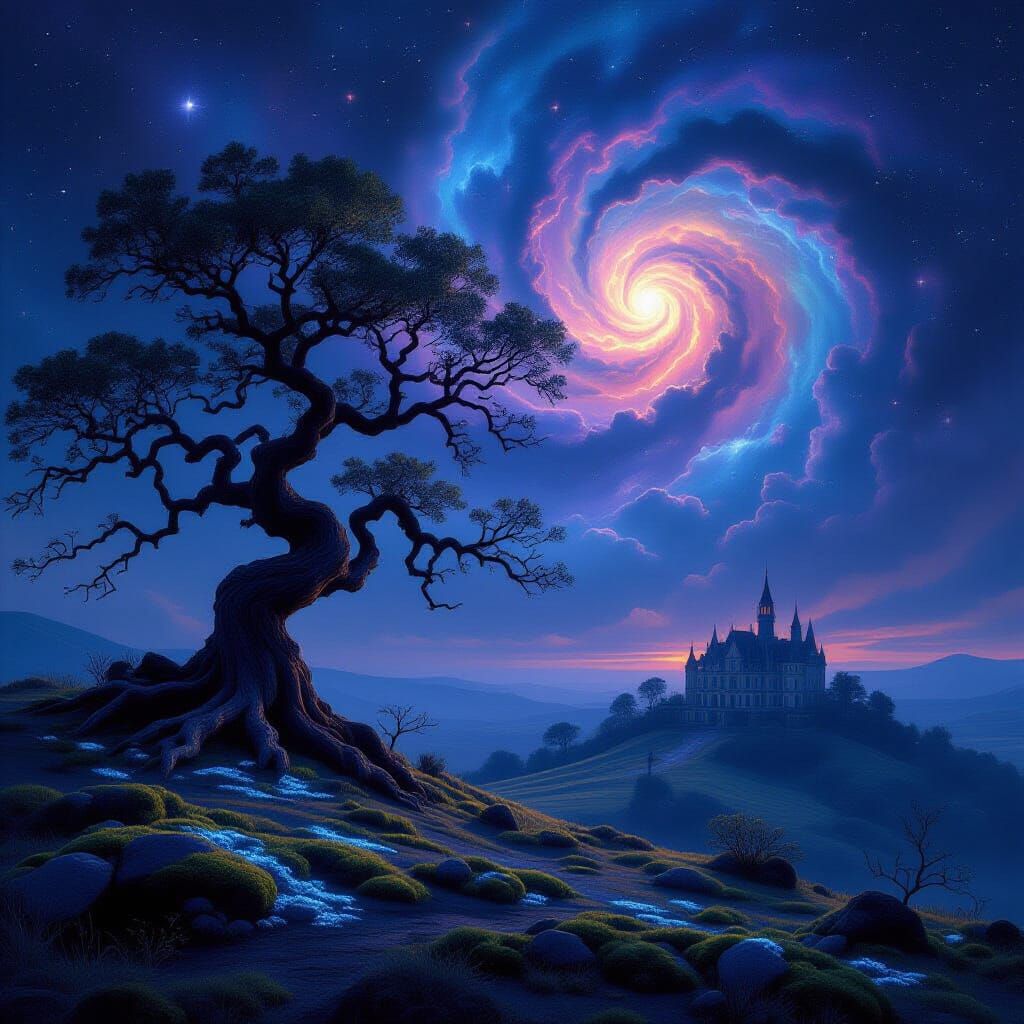 Cosmic Oak and Haunted Chateau in Surreal Concept Art