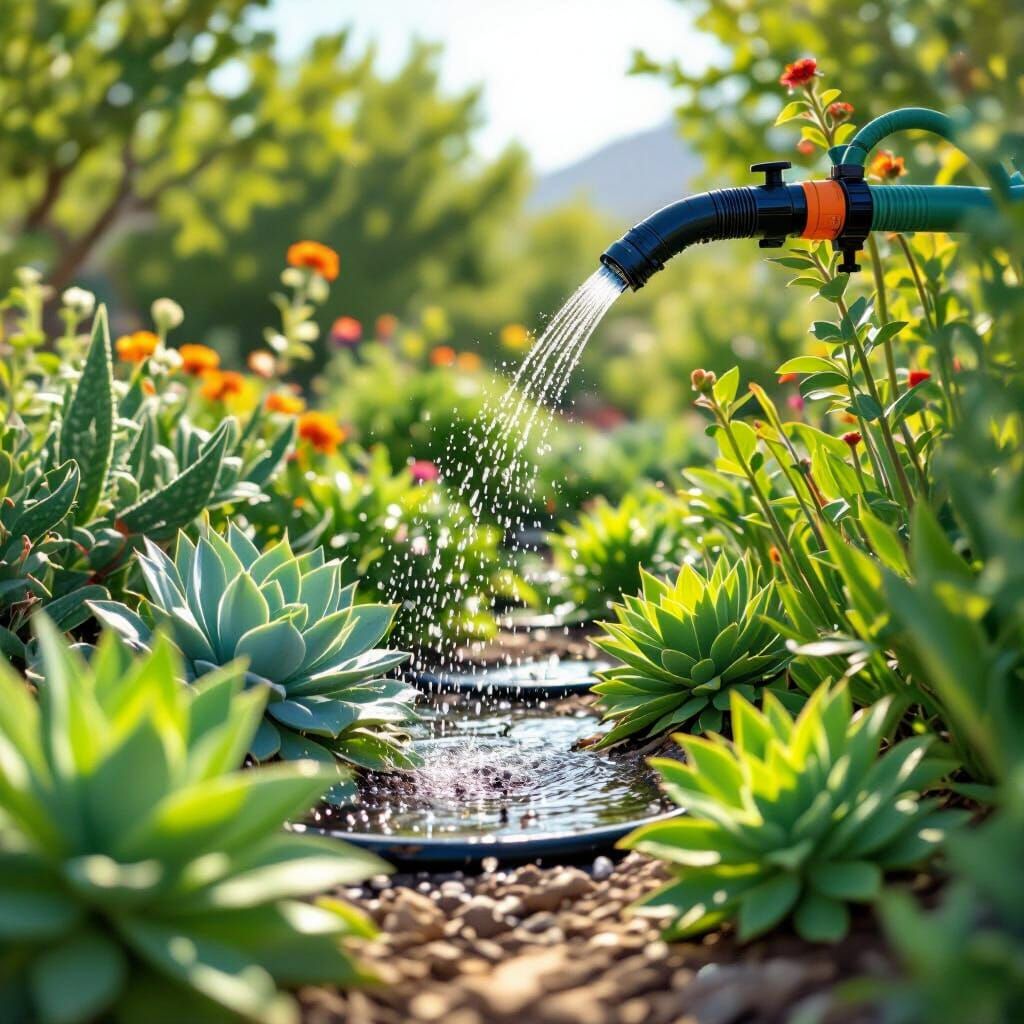 Drip Irrigation System Watering a Xeriscape Garden in Vector...