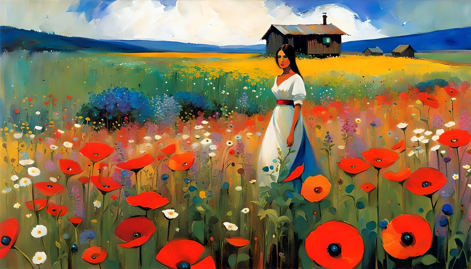 Woman Walking in Wildflowers: Surreal Abstract Art